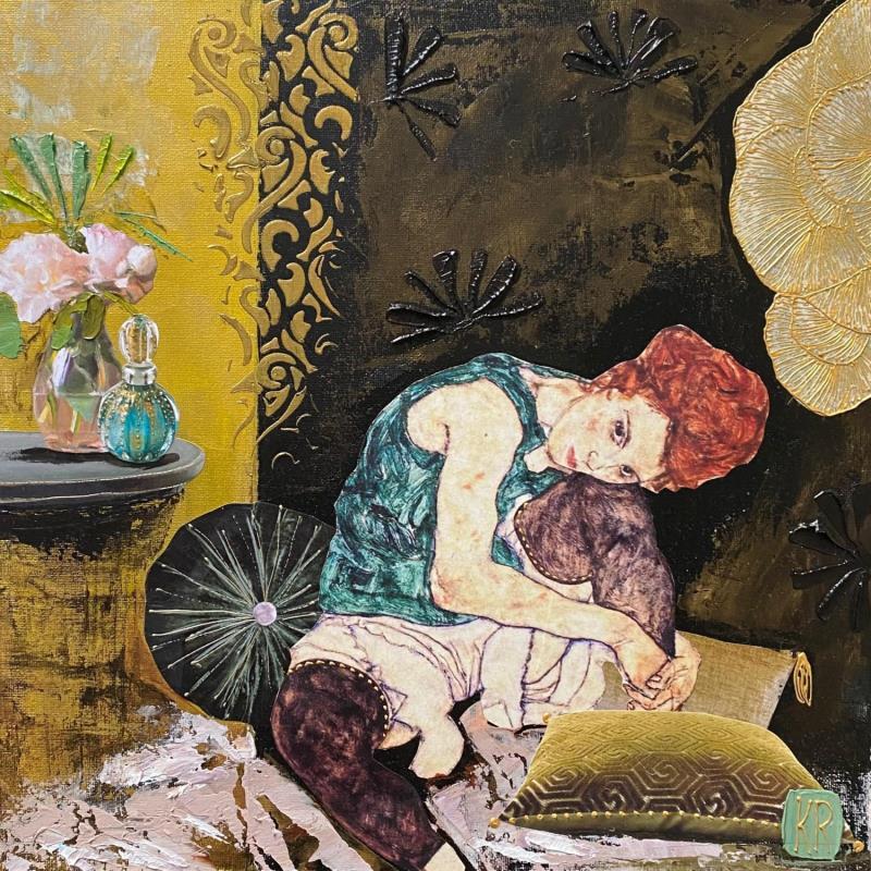 Painting Le temps suspendu  by Romanelli Karine | Painting Figurative Acrylic, Gluing, Gold leaf, Paper, Pastel Mode, Nude