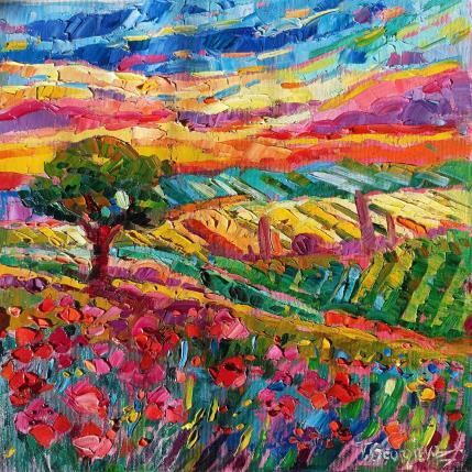 Painting Flowers field at sunset  by Georgieva Vanya | Painting Figurative Oil Landscapes