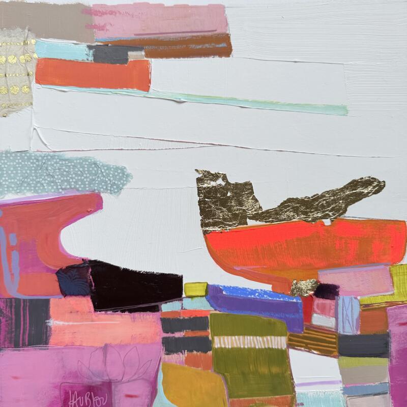Painting L'île au lotus by Lau Blou | Painting Abstract Acrylic, Cardboard, Gluing, Gold leaf, Pastel Landscapes