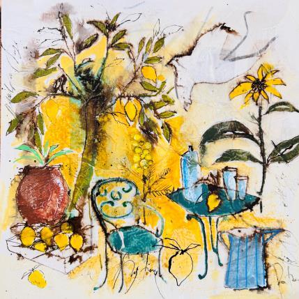 Painting Sous le citronnier by Colombo Cécile | Painting Naive art Acrylic, Gluing, Ink, Pastel, Watercolor Landscapes, Life style, Nature