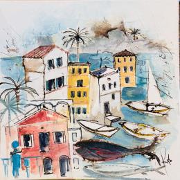 Gemälde Les mystères d ' un port von Colombo Cécile | Gemälde Naive Kunst Acryl, Aquarell, Collage, Pastell, Tinte Alltagsszenen, Landschaften, Marine