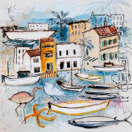 Painting Le flamand rose et l' étoile de mer by Colombo Cécile | Painting Naive art Acrylic, Gluing, Ink, Pastel, Watercolor Life style, Marine, Nature