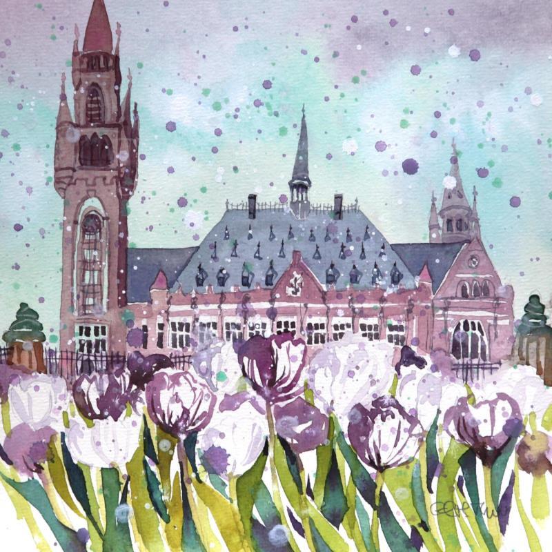 Peinture NO.  2583 THE HAGUE PEACE PALACE TULIPS par Thurnherr Edith | Tableau Matiérisme Aquarelle Urbain