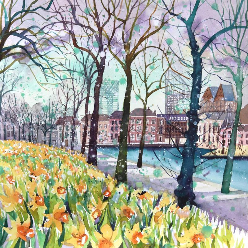 Painting NO.  2593 THE HAGUE HOFVIJVER NARCISSUS by Thurnherr Edith | Painting Subject matter Watercolor Urban