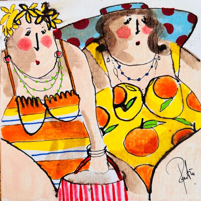 Painting Louisa, Simone by Colombo Cécile | Painting Naive art Portrait Life style Watercolor Acrylic Gluing Ink Pastel