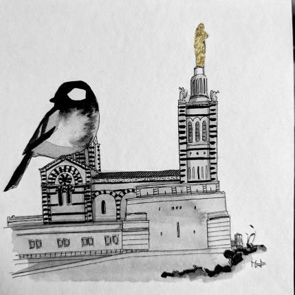 Painting La mésange de la garde by Mü | Painting Figurative Gold leaf, Ink Animals, Architecture, Black & White