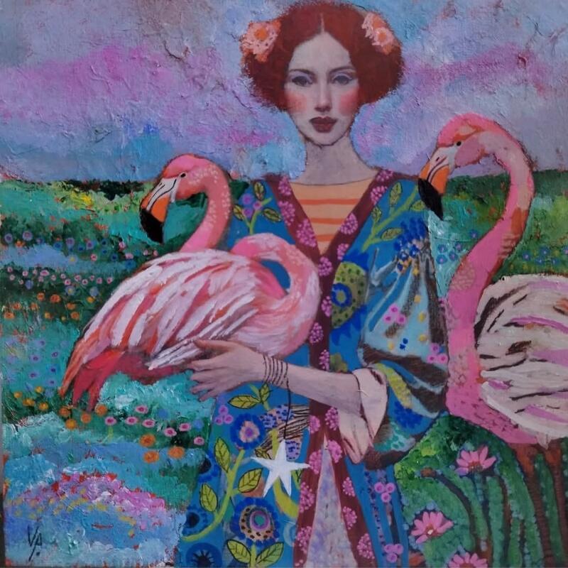 Painting Les flamands roses by Picini Victoria | Painting Figurative Acrylic, Gluing Landscapes, Pop icons