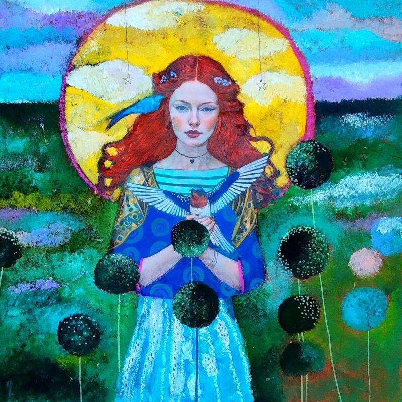 Painting La magie des oiseaux  by Picini Victoria | Painting Figurative Acrylic, Gluing Animals, Landscapes, Portrait