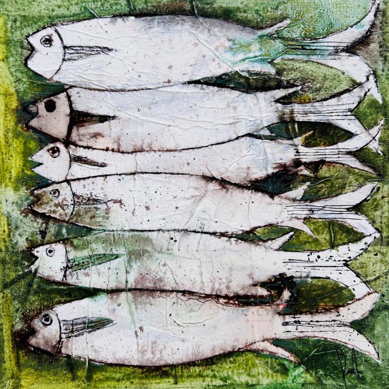 Painting La bande des sardines by Colombo Cécile | Painting Naive art Acrylic, Gluing, Ink, Pastel, Watercolor Animals