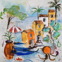Painting La danse du poulpe by Colombo Cécile | Painting Naive art Acrylic, Gluing, Ink, Pastel, Watercolor Landscapes, Life style, Nature