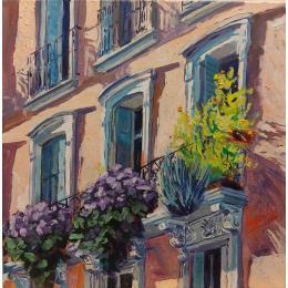 Peinture Les balcons en place Chemenereau par Brooksby | Tableau Figuratif Huile Architecture, Urbain