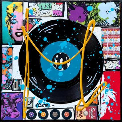 Painting POP VINYLE (bleu) by Costa Sophie | Painting Pop-art Acrylic, Gluing, Upcycling Pop icons