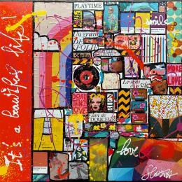 Painting It's a beautiful life ! by Costa Sophie | Painting Pop-art Acrylic, Gluing, Upcycling