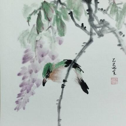 Peinture Green bird par Du Mingxuan | Tableau Figuratif Aquarelle, Encre Animaux