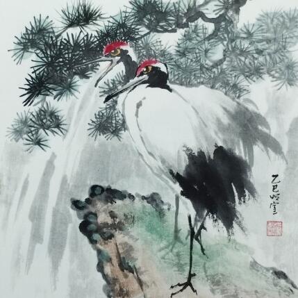 Peinture Red-crowned cranes and pine trees par Du Mingxuan | Tableau Figuratif Aquarelle, Encre Animaux