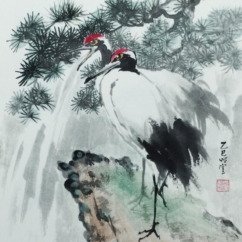 Gemälde Red-crowned cranes and pine trees von Du Mingxuan | Gemälde Figurativ Aquarell, Tinte Pop-Ikonen, Tiere