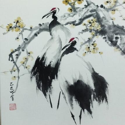 Painting Red-crowned cranes and flowers by Du Mingxuan | Painting Figurative Ink, Watercolor Animals, Pop icons