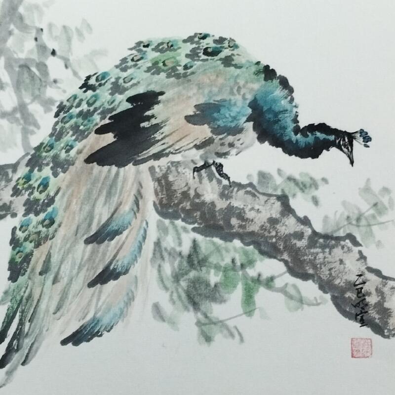 Gemälde Peacock in a tree von Du Mingxuan | Gemälde Figurativ Aquarell, Tinte Pop-Ikonen, Tiere