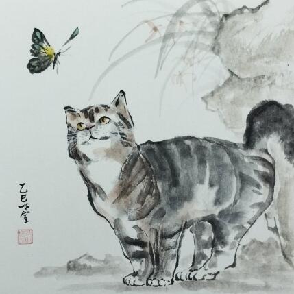Painting Cat and butterfly by Du Mingxuan | Painting Figurative Ink, Watercolor Animals, Pop icons