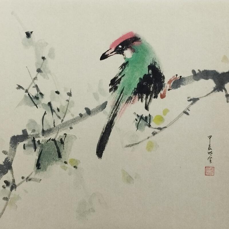 Painting Red-head bird by Du Mingxuan | Painting Figurative Animals Watercolor Ink