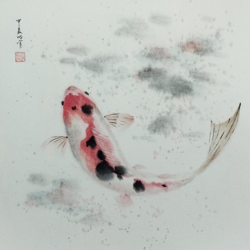 Painting Carp koi by Du Mingxuan | Painting Figurative Animals Watercolor Ink