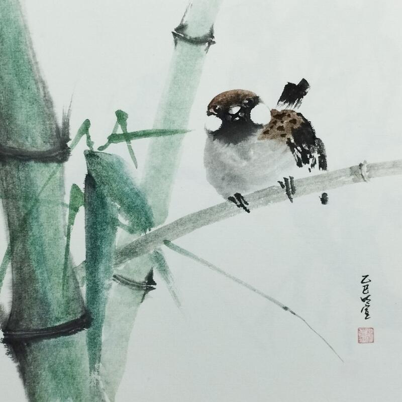 Painting Sparrow and bamboo by Du Mingxuan | Painting Figurative Animals Watercolor Ink