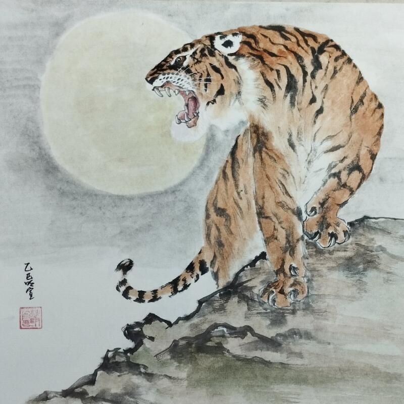 Painting Tiger under moon by Du Mingxuan | Painting Figurative Ink, Watercolor Animals