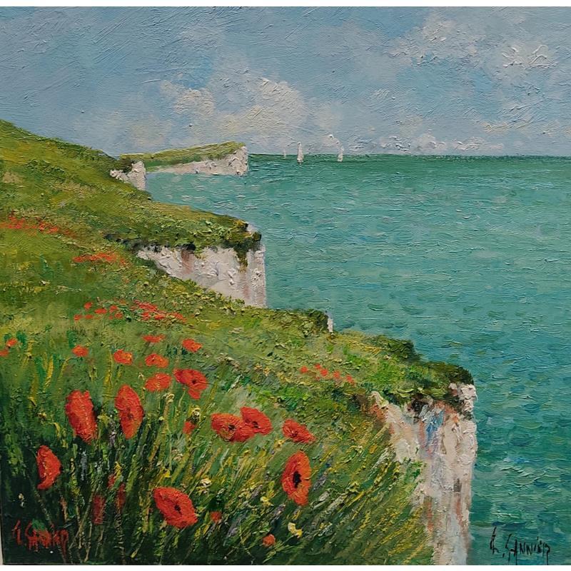 Painting Coquelicots sur les falaises  by Sannier Daniel | Painting Impressionism Oil Landscapes
