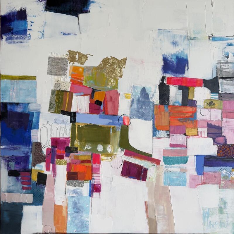 Painting Les combattants by Lau Blou | Painting Abstract Acrylic, Gluing, Gold leaf, Pastel Landscapes