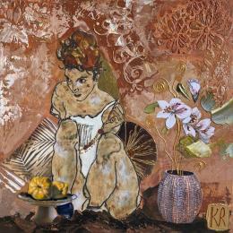 Gemälde Un air d’Egon von Romanelli Karine | Gemälde Figurativ Acryl, Collage, Papier, Pastell, Posca Akt, Alltagsszenen, Porträt