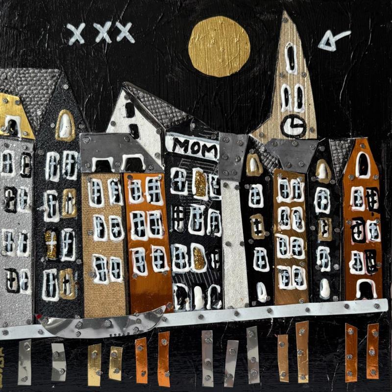 Painting Amsterdam View by Lovisa | Painting Pop-art Acrylic, Gluing, Gold leaf, Metal, Posca, Upcycling, Wood Pop icons, Urban