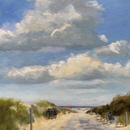 Painting 60x60 25WS065-met de fiets naar t strand-60x60 by Lynden (van) Heleen | Painting Figurative Oil Landscapes, Marine