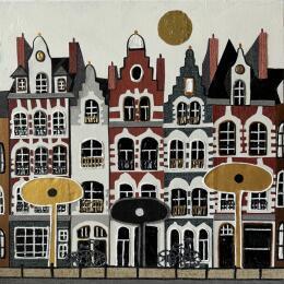 Painting Week-end à Lille by Lovisa | Painting Figurative Acrylic, Gluing, Gold leaf, Paper, Posca, Textile, Upcycling Urban