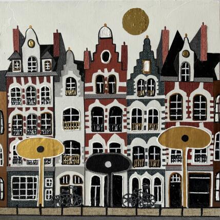 Painting Week-end à Lille by Lovisa | Painting Figurative Acrylic, Gluing, Gold leaf, Paper, Posca, Textile, Upcycling Urban