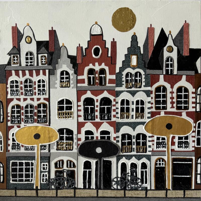 Painting Week-end à Lille by Lovisa | Painting Figurative Acrylic, Gluing, Gold leaf, Paper, Posca, Textile, Upcycling Urban