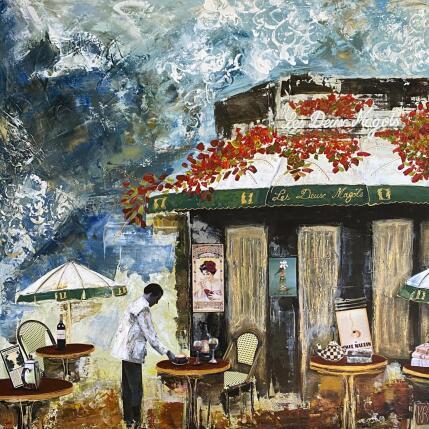 Painting Les deux magots  by Romanelli Karine | Painting Figurative Acrylic, Gluing, Gold leaf, Paper, Pastel, Posca Life style, Society, Urban