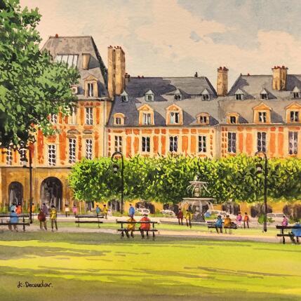 Painting La place des Vosges by Decoudun Jean charles | Painting Figurative Watercolor Urban