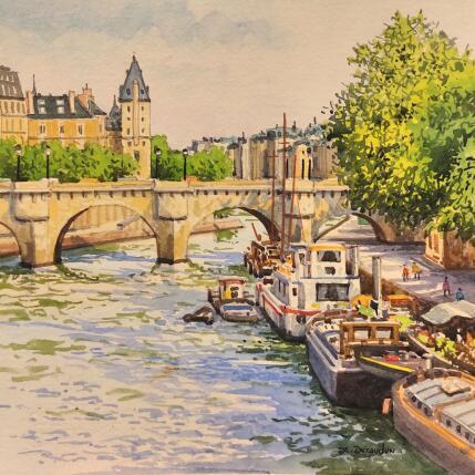 Painting Soleil au pont Neuf by Decoudun Jean charles | Painting Figurative Watercolor Urban