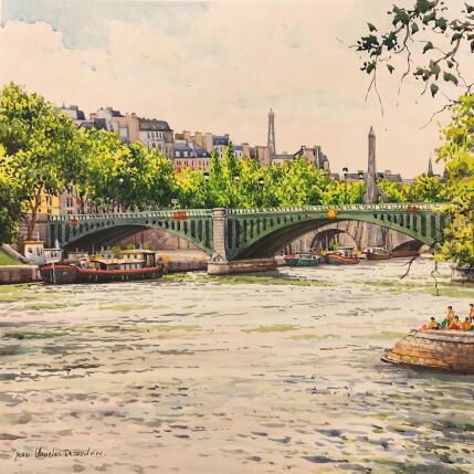 Painting Le pont de Sully et la Tour Eiffel by Decoudun Jean charles | Painting Figurative Watercolor Urban