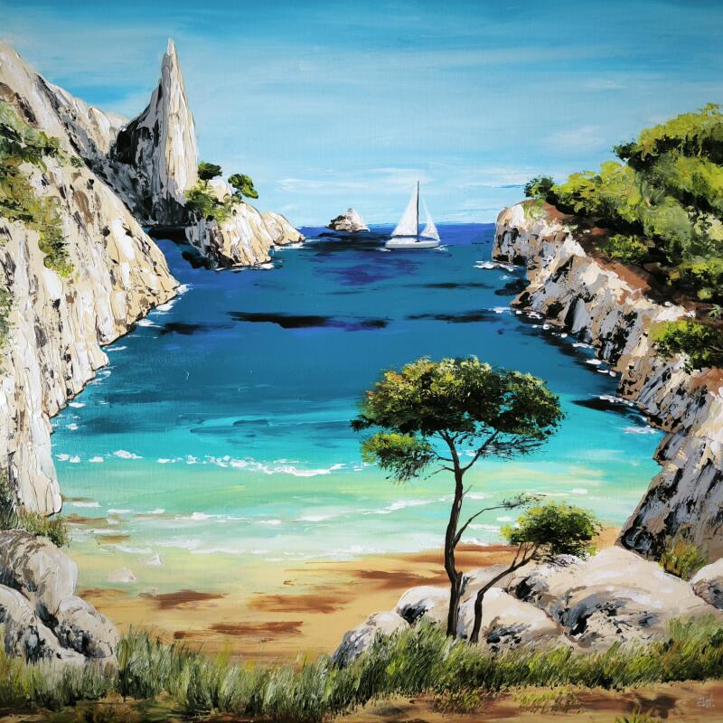 Painting Lumière d' été sur les calanques by Rey Ewa | Painting Figurative Acrylic Landscapes