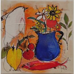 Painting Colombe by Colombo Cécile | Painting Naive art Acrylic, Gluing, Ink, Pastel, Watercolor Still-life