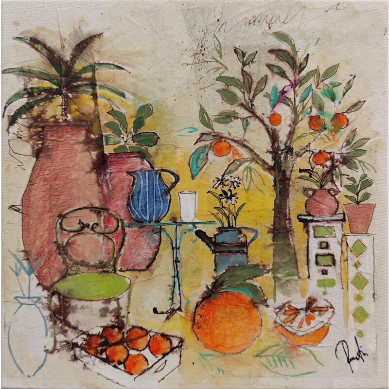 Painting Sous l'oranger by Colombo Cécile | Painting Naive art Acrylic, Gluing, Ink, Pastel, Watercolor Still-life