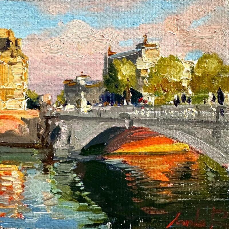 Painting  Sunset Over the Bridge  by Xanlar | Painting Impressionism Oil Architecture, Landscapes, Nature