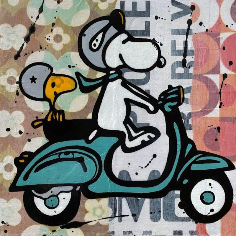 Painting Ballade en Vespa by Marie G.  | Painting Pop-art Acrylic, Cardboard, Gluing Pop icons