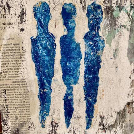 Gemälde Trio d'azur von Rocco Sophie | Gemälde Art brut Acryl, Collage Minimalistisch, Pop-Ikonen