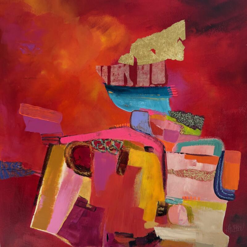 Painting La flamme by Lau Blou | Painting Abstract Acrylic, Cardboard, Gluing, Gold leaf, Pastel Landscapes