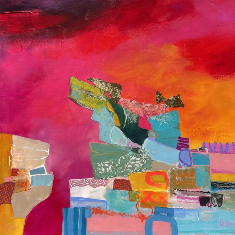 Painting Le rocher des oliviers by Lau Blou | Painting Abstract Acrylic, Gluing, Gold leaf, Pastel Landscapes