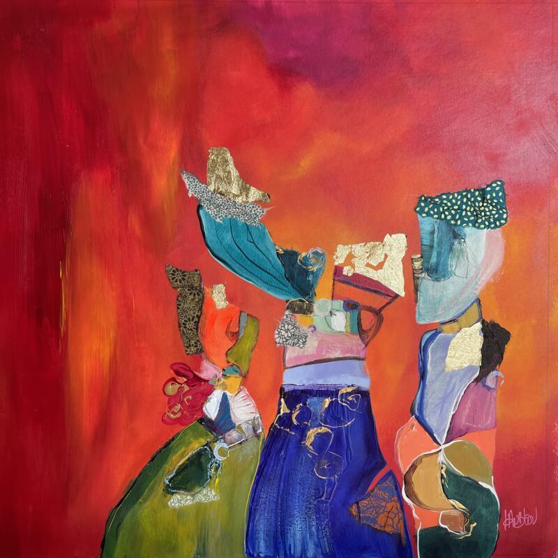 Painting Trois amies pour la vie by Lau Blou | Painting Abstract Acrylic, Gluing, Gold leaf, Pastel Life style