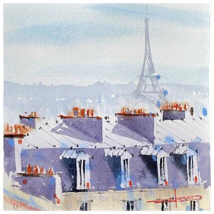 Gemälde Piece and quiet over the parisian roofs von Bailly Kévin  | Gemälde Figurativ Aquarell, Tinte Architektur, Pop-Ikonen, Urban