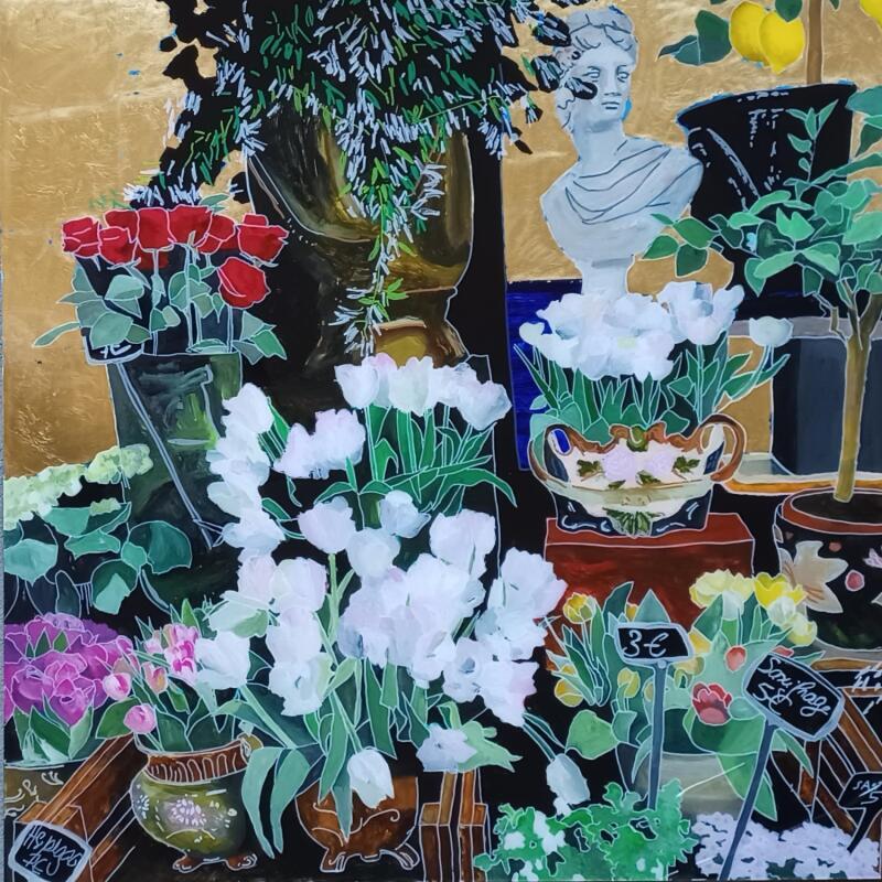 Painting Classique, Elizabeth choisit les roses by Auriol Philippe | Painting Figurative Acrylic, Gold leaf, Plexiglass, Posca Still-life